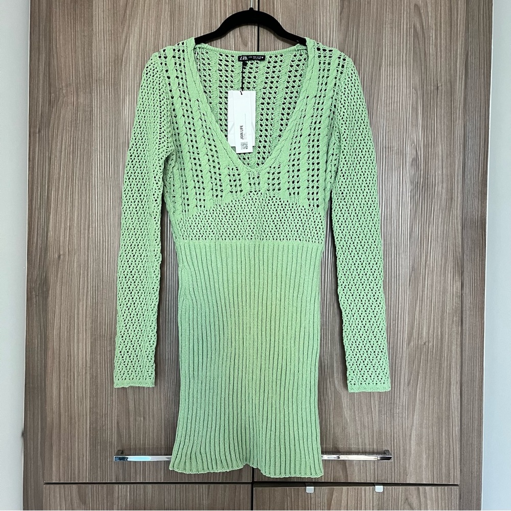 Zara Chenille Crochet Dress in Sea Green